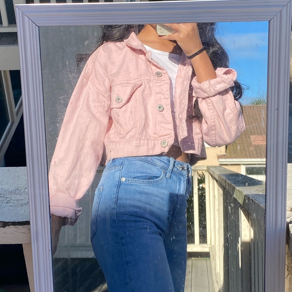 Pink Cropped Denim Jacket